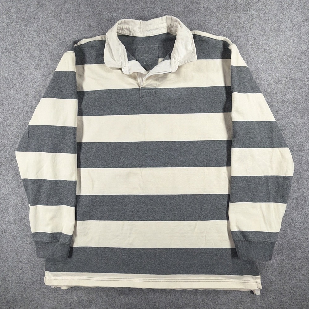 Vintage LL Bean Rugby Shirt Mens XL Cream Gray‎ Striped Long Sleeve